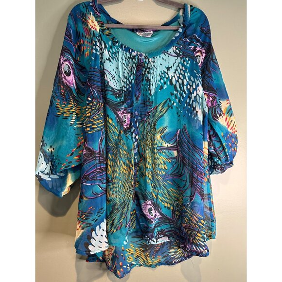 Tropical Sheer Blouse w/ Cami – Tie Sleeves, Long Hem, Button Collar, Plus 3X - Picture 1 of 8